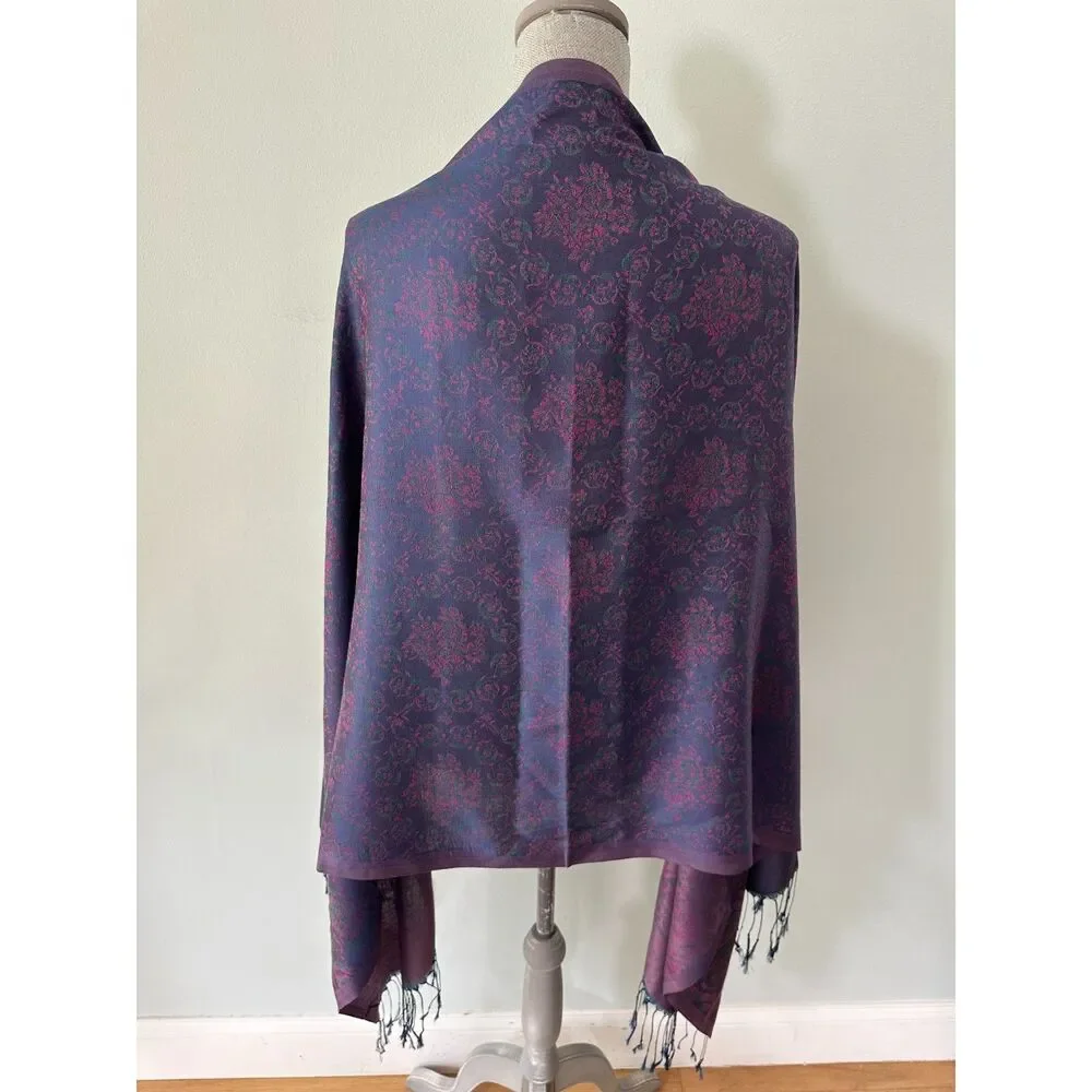 Vintage Silk Scarf Wrap Shawl Purple Magenta Floral Jacquard Fringe Edge Boho